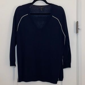 J Crew 3/4 Sleeve V Neck Sweater with White Piping on Side - Color Navy - Size M